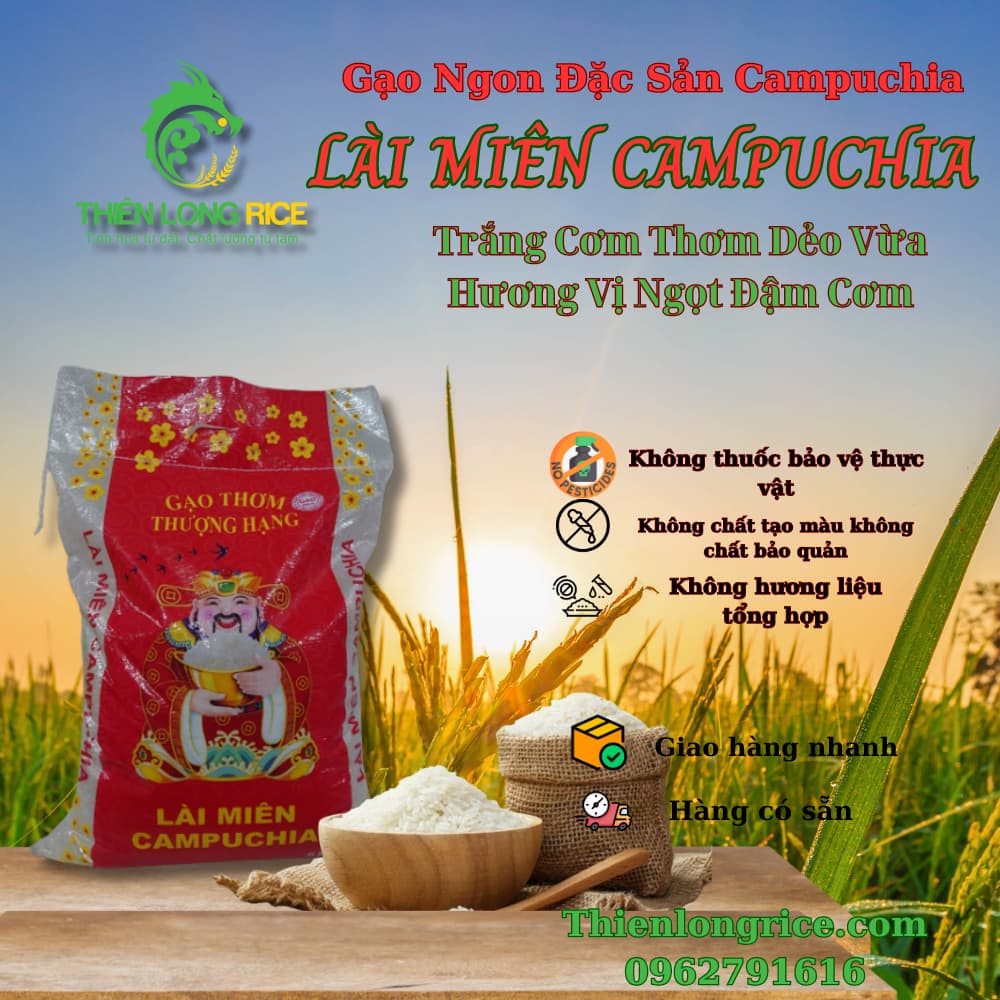 Gạo Lài Miên Campuchia Túi 5 Kg, Gạo Thơm Thượng Hạng, Trắng Cơm Thơm Dẻo Vừa Ngọt Đậm Cơm Hàng Loại 1.