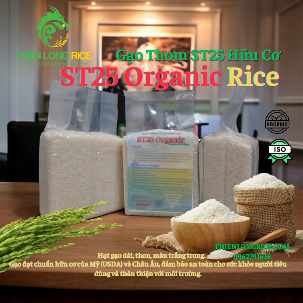 Gạo ST25 organic (hữu cơ) 1Kg Hút Chân Không - Gạo thơm ngon, dẻo dai